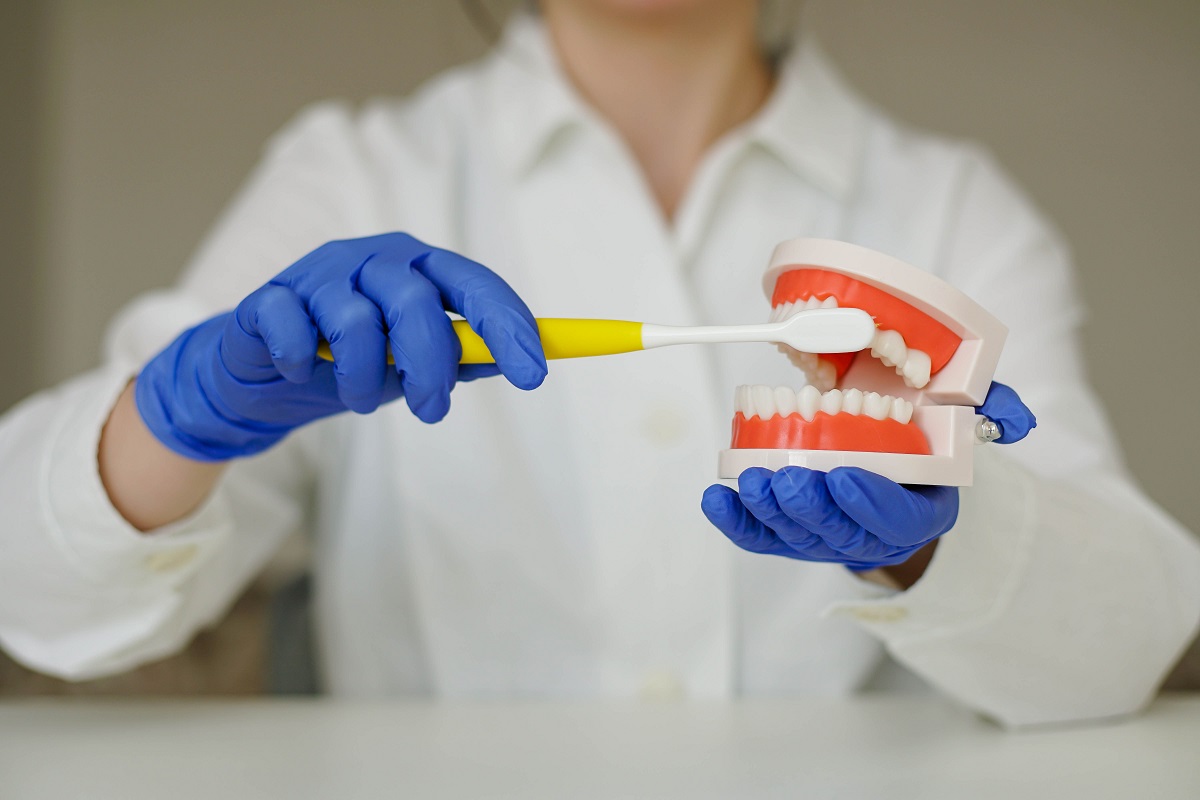 Dentist showing how to properly clean teeth